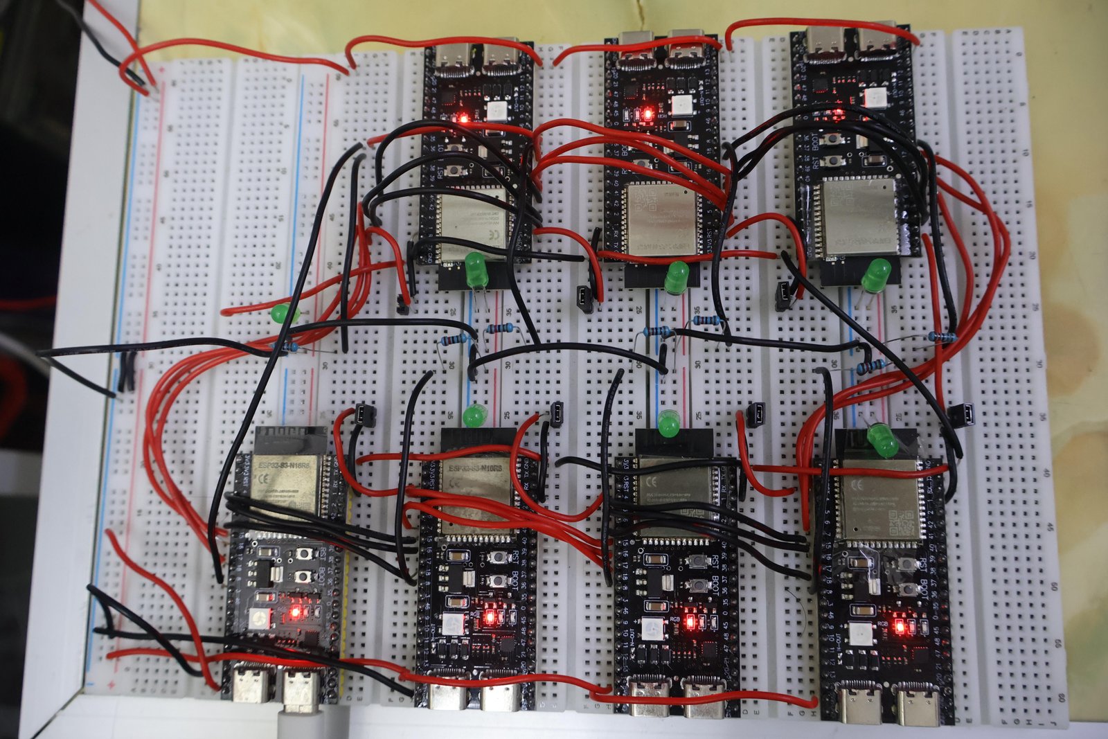 Someone wired up seven ESP32s...